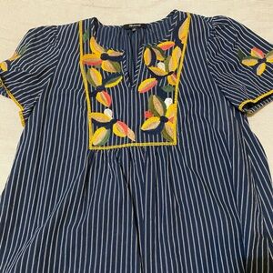 Madewell Blue Striped Top with Colorful Embroidery